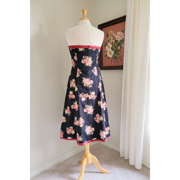 90s Black Floral Satin Bow 1990s Vintage Fit & Flare Midi Length Cotton Dress - Picture 7 of 15